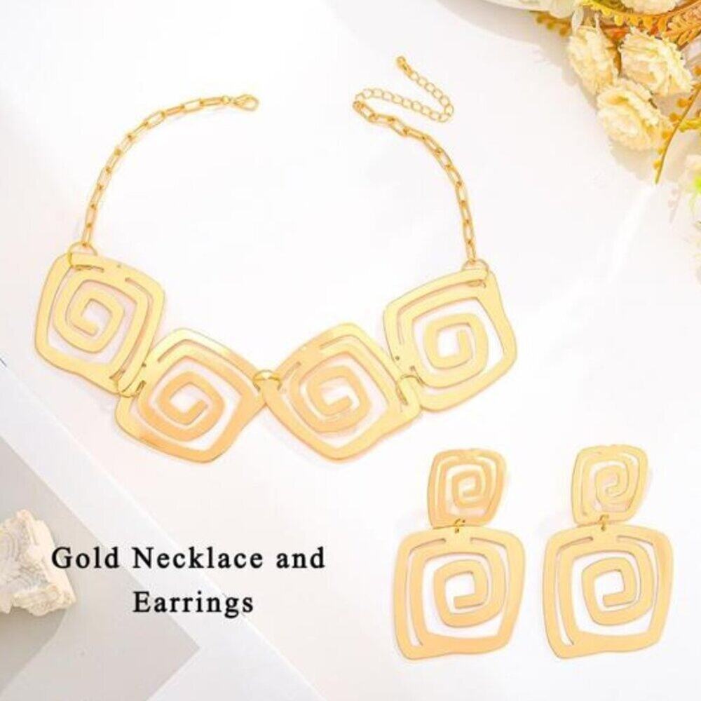 Gold Geometric Necklace & Earrings Set Dayana Statement Square Pendant Jewelry